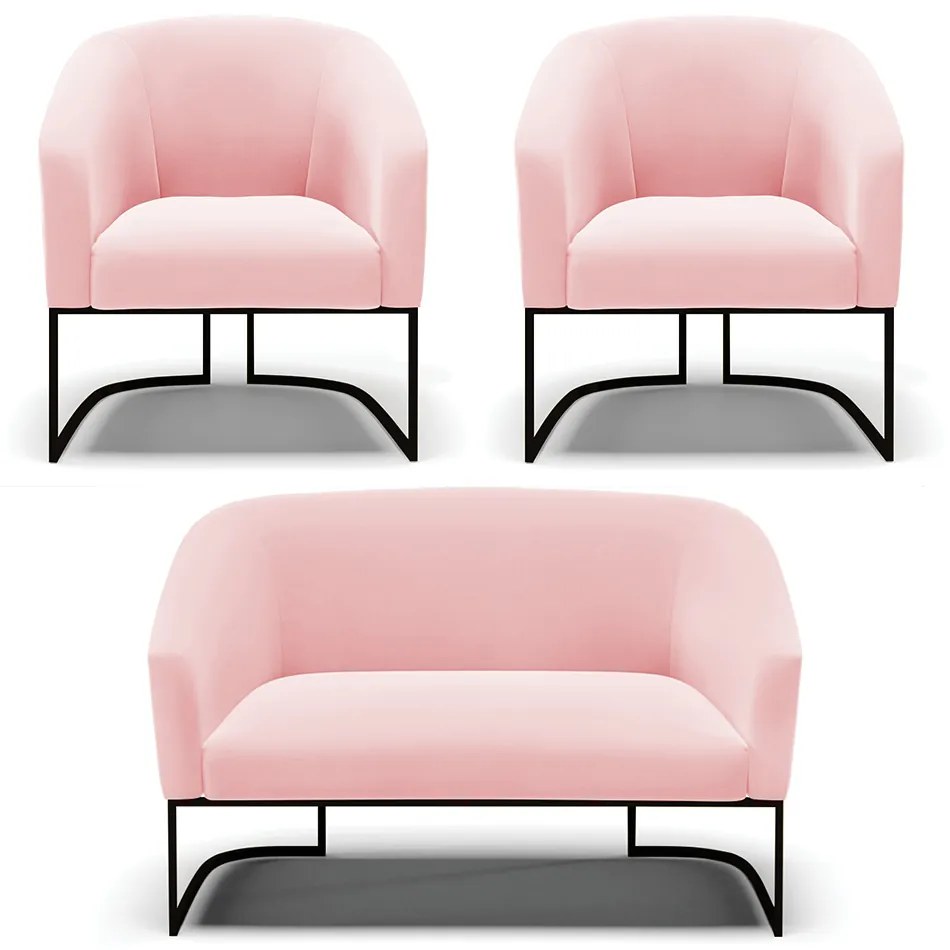 Namoradeira e 2 Poltronas Industrial Preto Stella Suede D03 - D'Rossi - Rosa Bebê