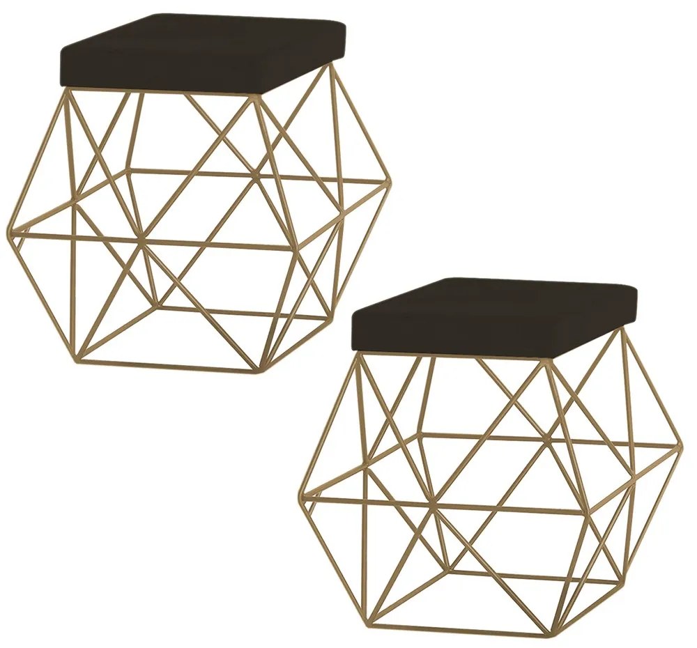 Kit 2 Puffs Decorativo Sala de Estar Base Gold Trixie Suede Marrom G41 - Gran Belo