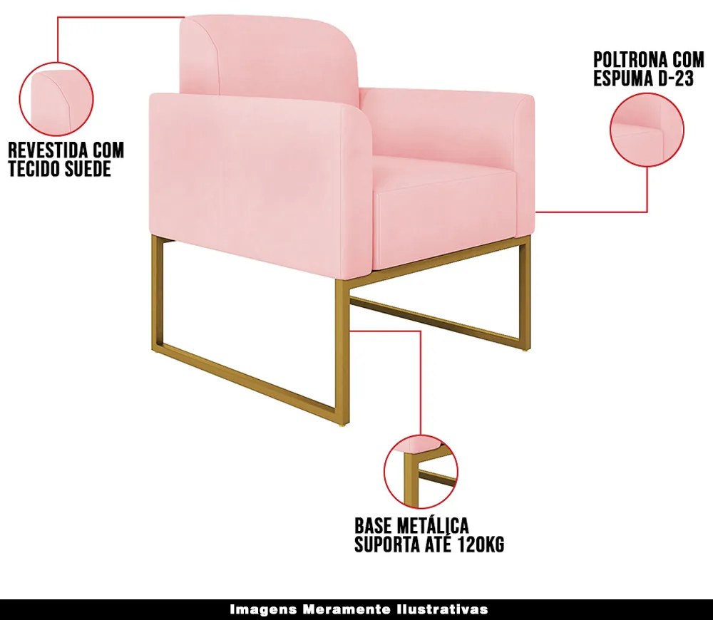 Kit 2 Poltronas Decorativas Isabella Base Industrial Suede Rosa Bebê/Dourado G19