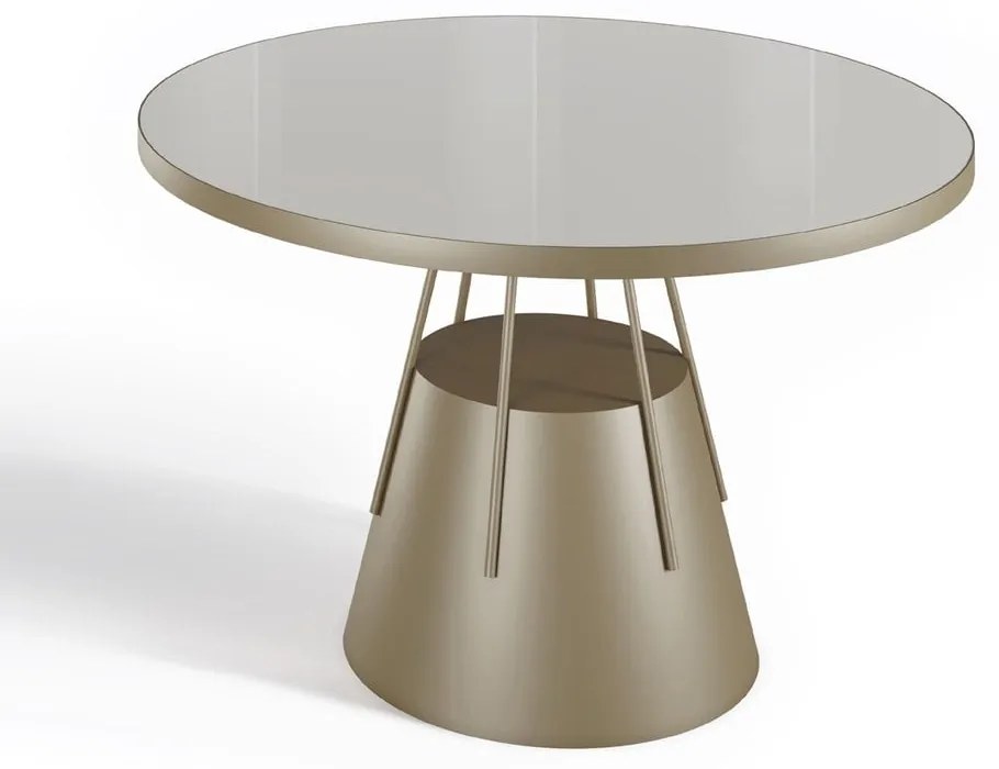 Mesa de Jantar Lecrés Tampo Redondo com Vidro Pintado e Aro Metálico Base Cônica em Aço Carbono com Hastes Metálicas