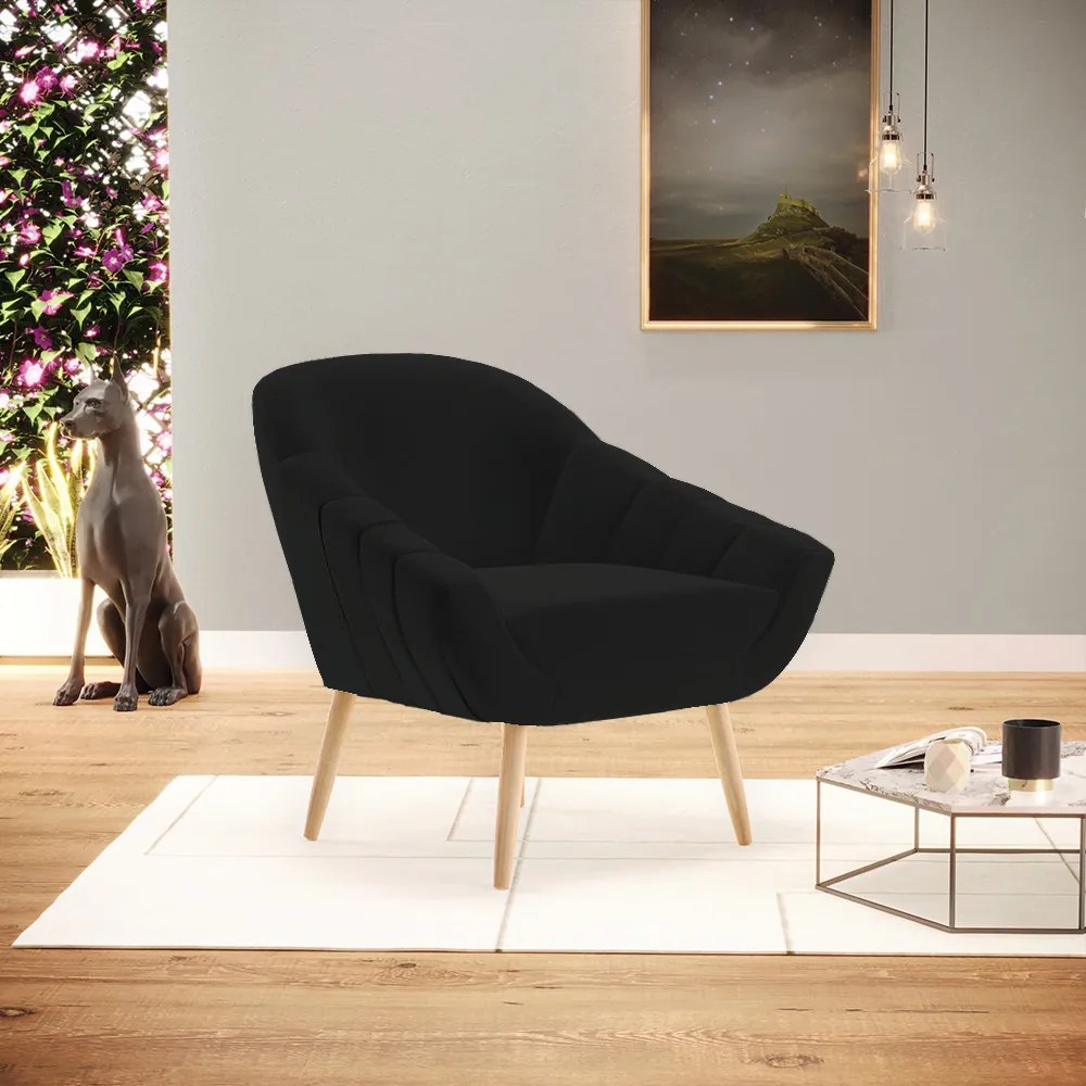 Poltrona Giovana Linho Pés Palito Natural - Indo Decorar - A79 Preto