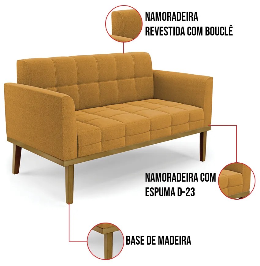 Namoradeira 2 Poltronas Base Madeira Fixa Cast Elisa Bouclê D03 - D'Rossi - Mostarda
