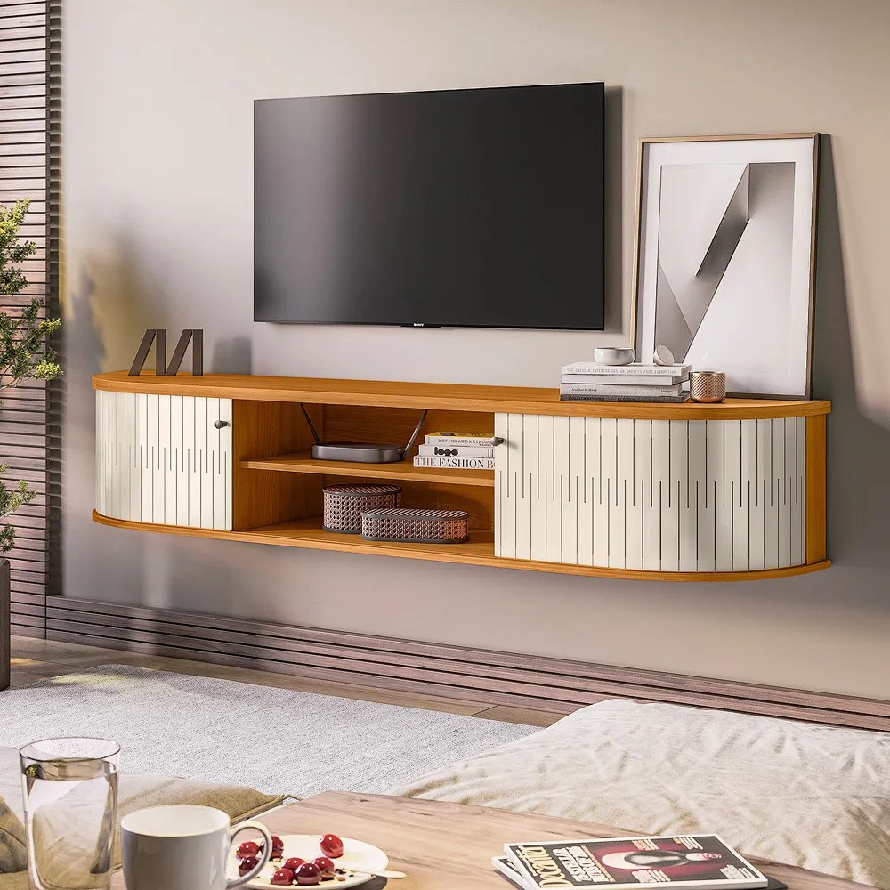 Rack TV 75 Pol 183cm Bancada Suspenso Ripado Aurenzo M20 - D'Rossi - Cinamomo e Off White