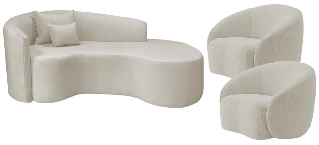 Kit Recamier Curvo Sala de Estar Inglaterra 200cm Lado Direito e 2 Poltronas Orgânica Luxo Amore Linho