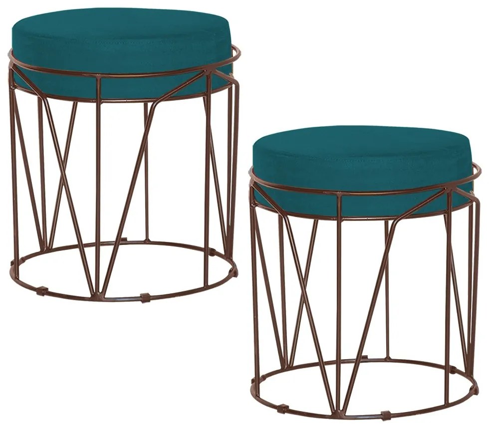 Kit 2 Puffs Decorativo Sala de Estar Base Bronze Chloe Suede Azul Claro G41 - Gran Belo