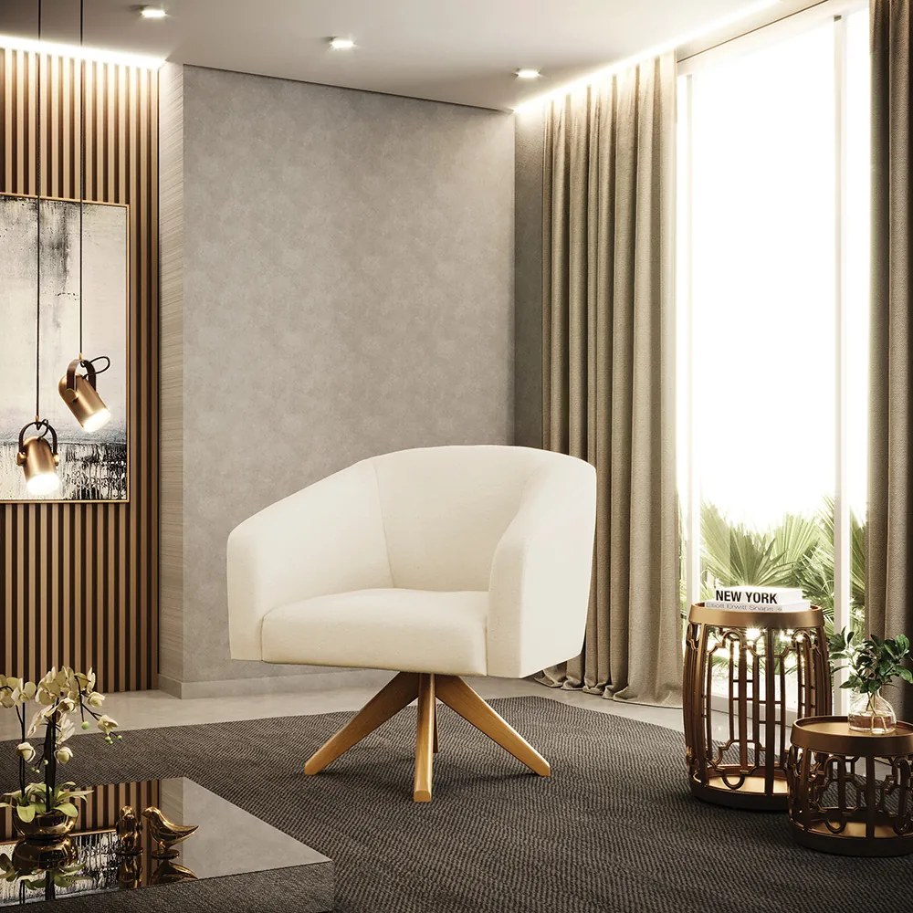 Poltrona Sala Decorativa Giratória Madeira Kit 2 Stella Linho D03 - D'Rossi - A19 Bege