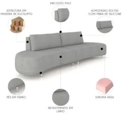 Sofá 3 Lugares 220cm Orgânico Pé Ferro Nagai Linho Cinza Z55 - Mpozena