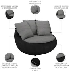 Poltrona para Sala Giratória Redonda Saphire Z32 Linho Cinza/Preto - M