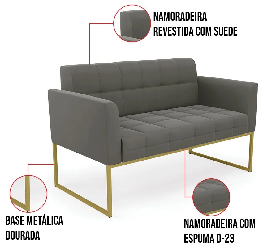 Kit 1 Sofá Namoradeira e 2 Poltronas Elisa Suede Base Metálica Industrial Dourado D03 - D'Rossi - Grafite