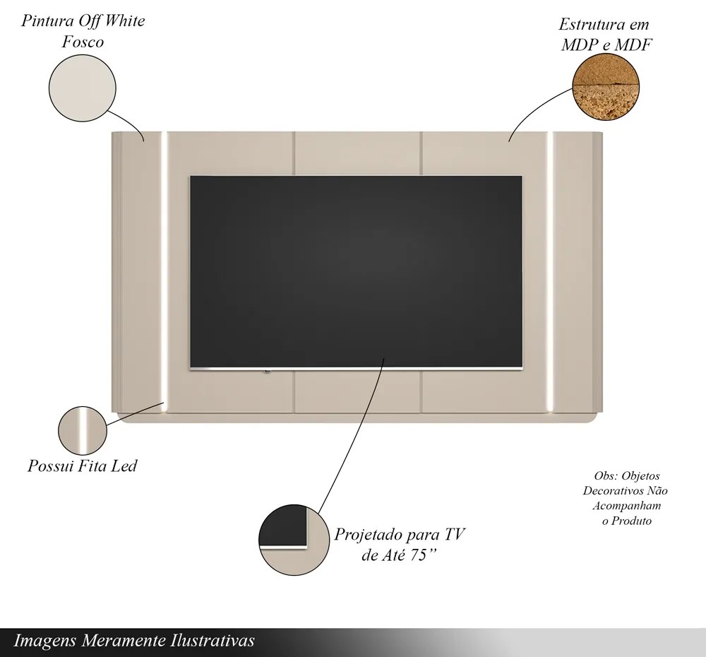 Conjunto Painel com Rack Bancada Switch MDP/MDF TV até 85 Polegadas LED Off White G77 - Gran Belo