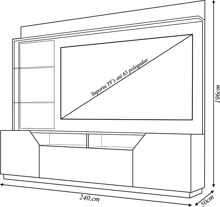 Home Theater Bruma 240cm com LED e Prateleiras em Vidro para TV até 65 MDP Freijo/Off White G11-  Gran Belo