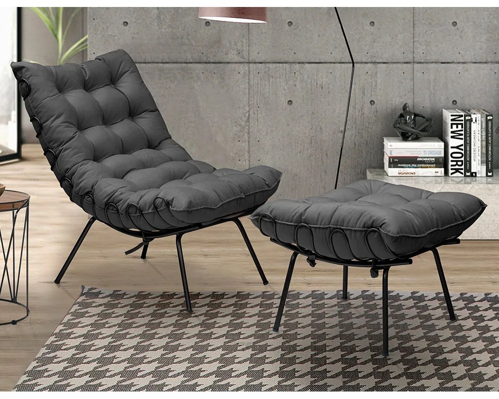 Puff Decorativo Sala de Estar Abel Pés Preto Suede Cinza G41 - Gran Belo
