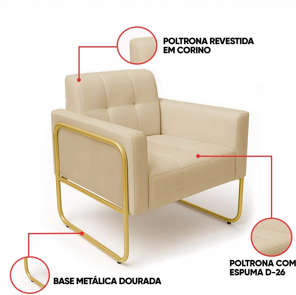 Poltrona Sala Industrial Alta Tubo Dourado Elisa Sintético D03 - D'Rossi - Bege