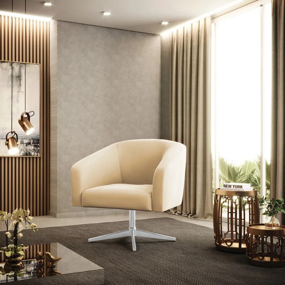 Poltrona Decorativa Giratória Cromada Stella Suede Bege D03 - D'Rossi