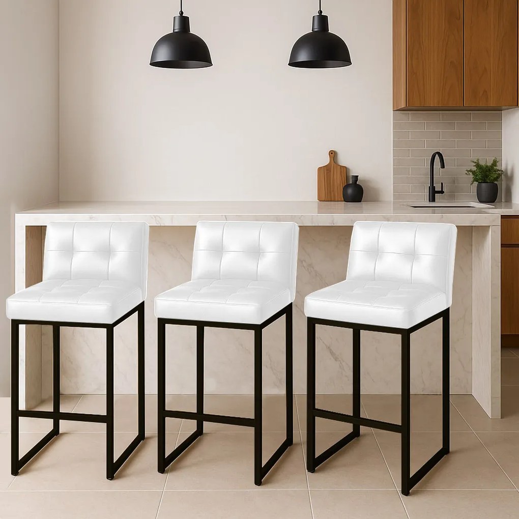 Banqueta Cozinha Alta com Encosto Industrial Kit 3 Preto Lirina PU C05 - D'Rossi - Branco