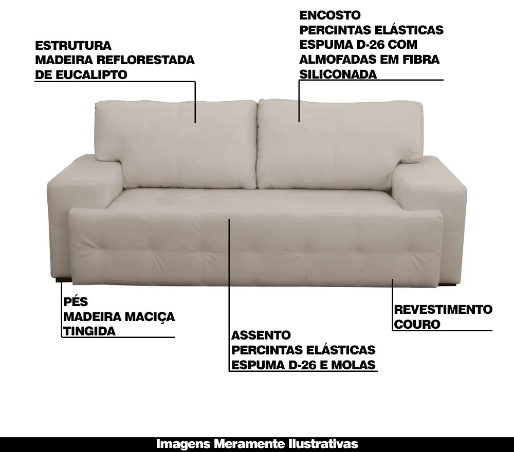 Sofá 3 Lugares Sala de Estar Roma 230 cm Couro Off White G58 - Gran Belo