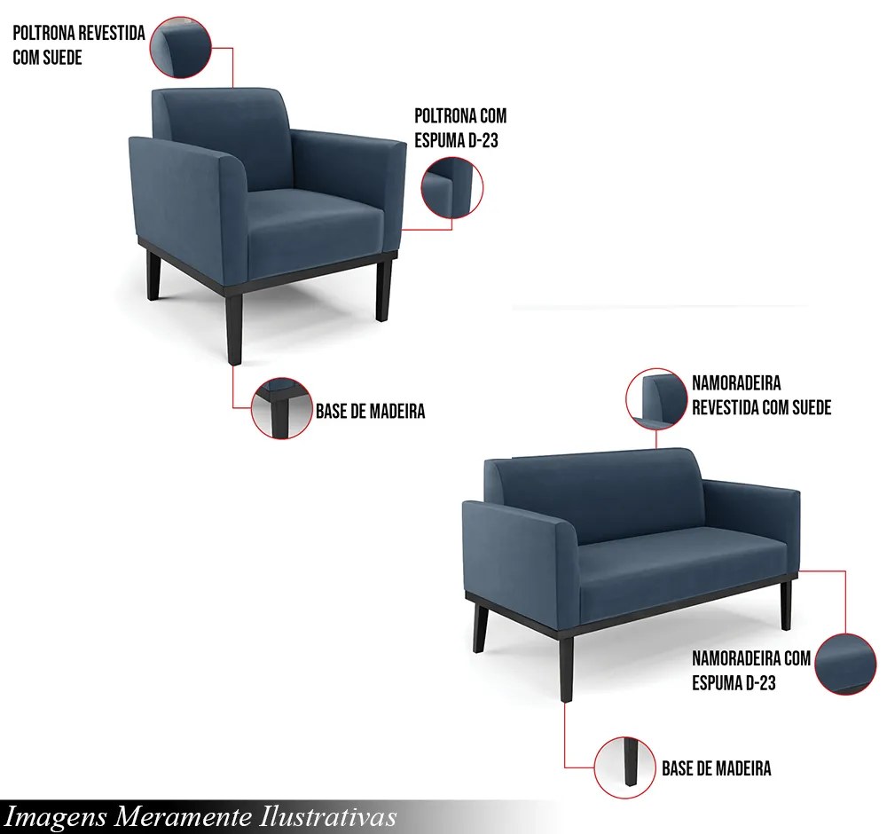 Conjunto Poltrona e Namoradeira Decorativa Isabella Pés Fixo em Madeira Preto Suede Azul Marinho G19 - Gran Belo