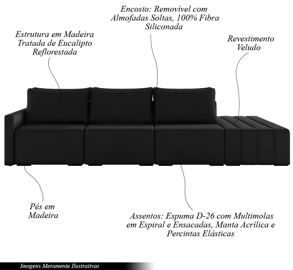 Sofá Ilha Modulado Milos 312cm Puff Lateral Veludo Preto G33 - Gran Belo