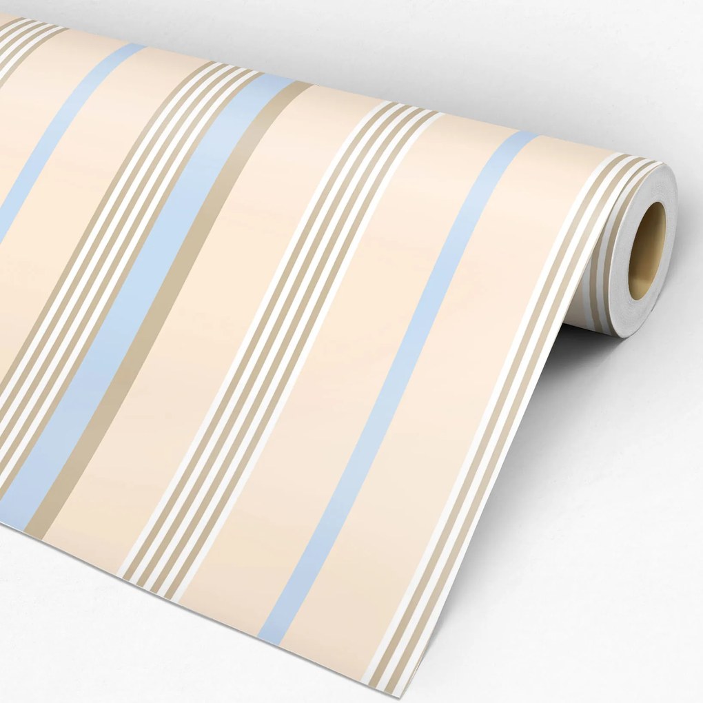 Papel de Parede Listrado creme marrom e azul 0.52m x 3.00m