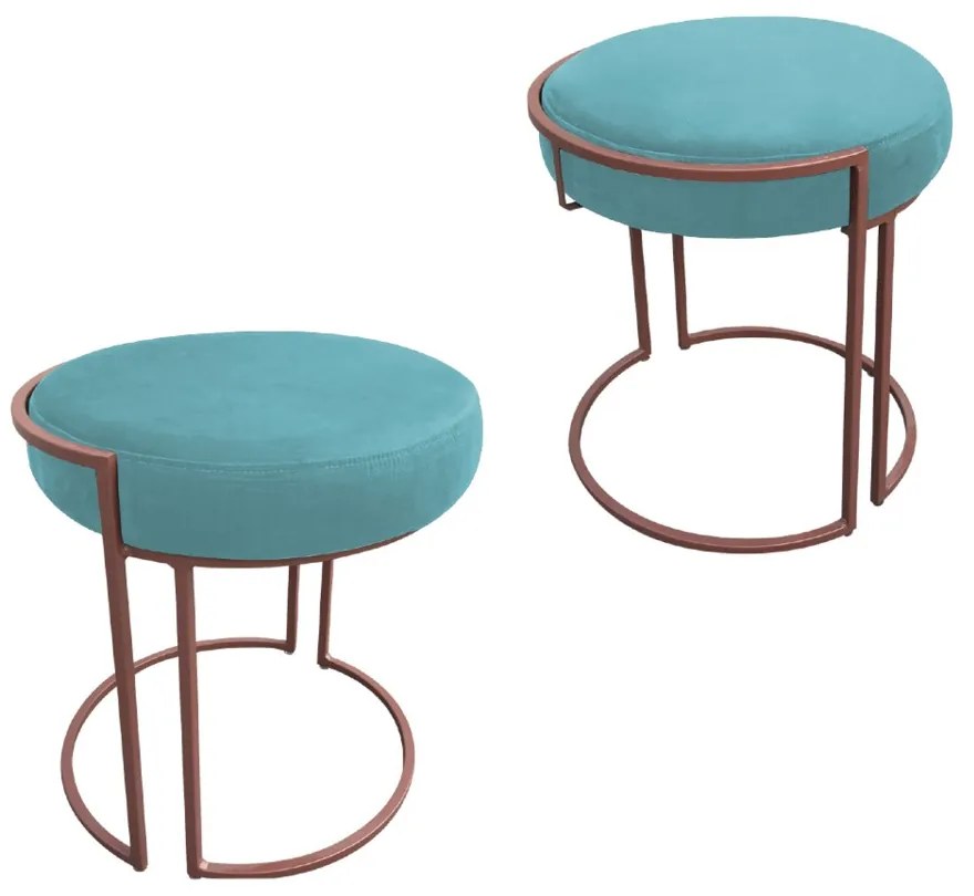Puff Redondo Base Industrial Cobre Kit 2 Love Suede - Azul Turquesa