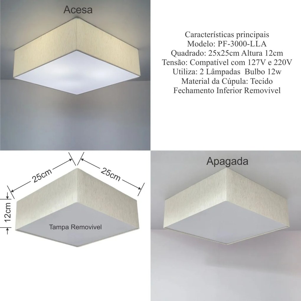 Plafon Quadrado Md-3000 Cúpula em Tecido 25x25x12cm Linho Bege - Bivolt