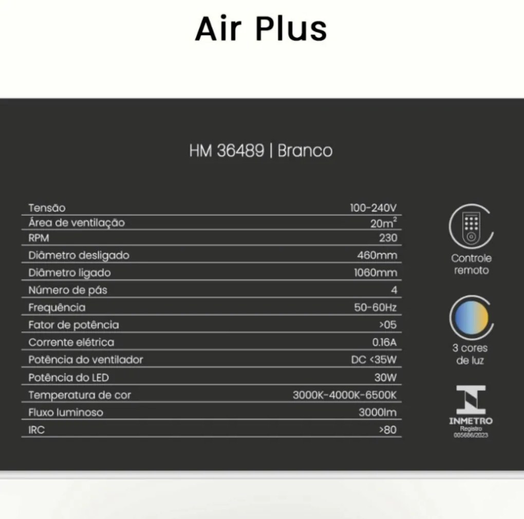 Ventilador De Teto Air Plus Branco Pás Retrátil Led 30W Multicolor Biv...
