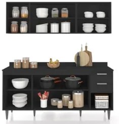 Armário de Cozinha Com Tampo CP10 180cm Pérola Preto Z34      - Mpozen