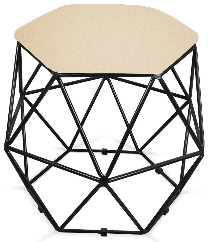 Puff Aramado Hexágono Decorativo Industrial Preto com Sintético Bege D03 - D'Rossi