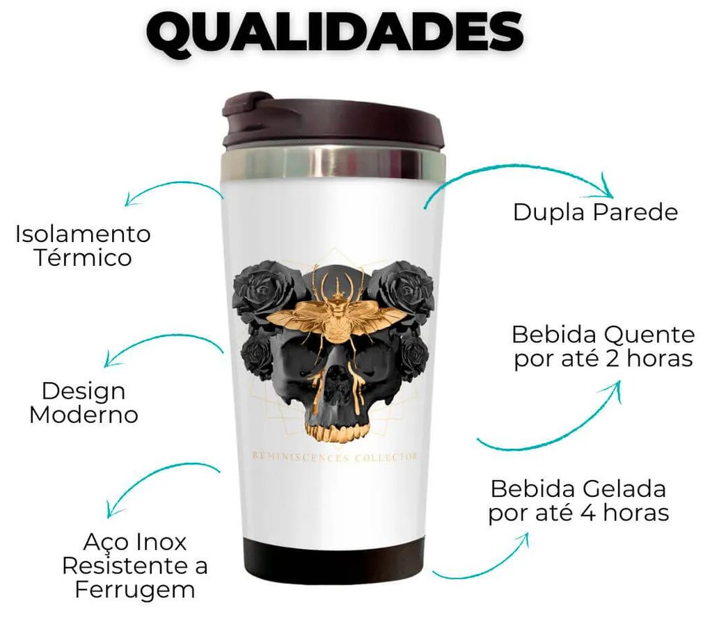 Copo Térmico 500ml Inox Caveira Besouro Dourado e Branco