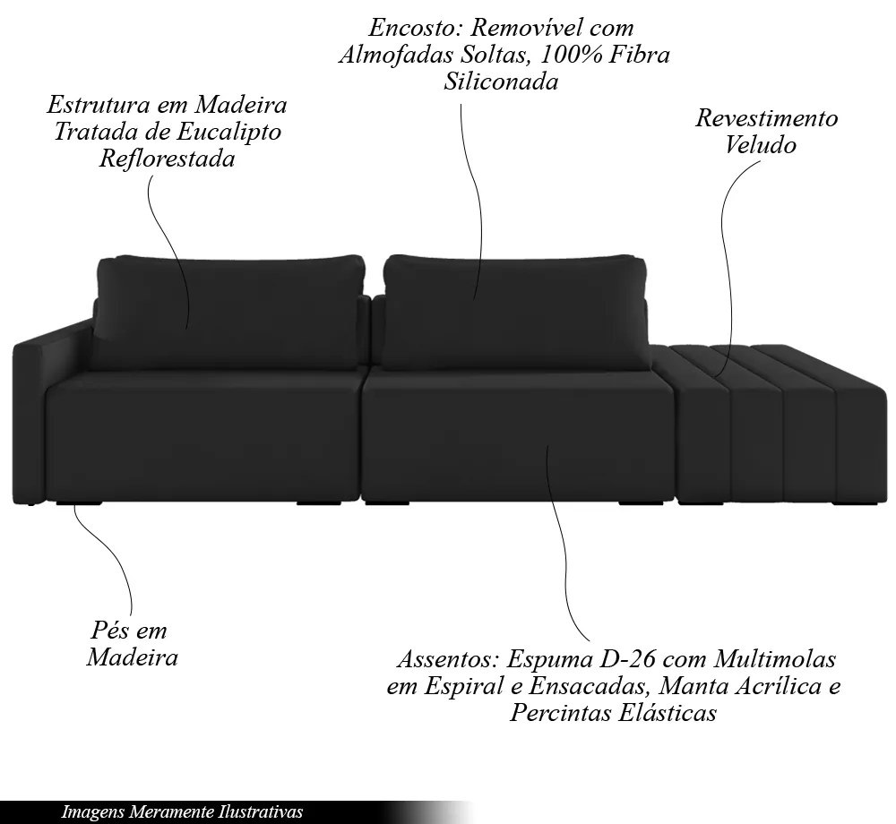 Sofá Ilha Modulado Milos 232cm Puff Lateral Veludo Cinza Escuro G33 - Gran Belo