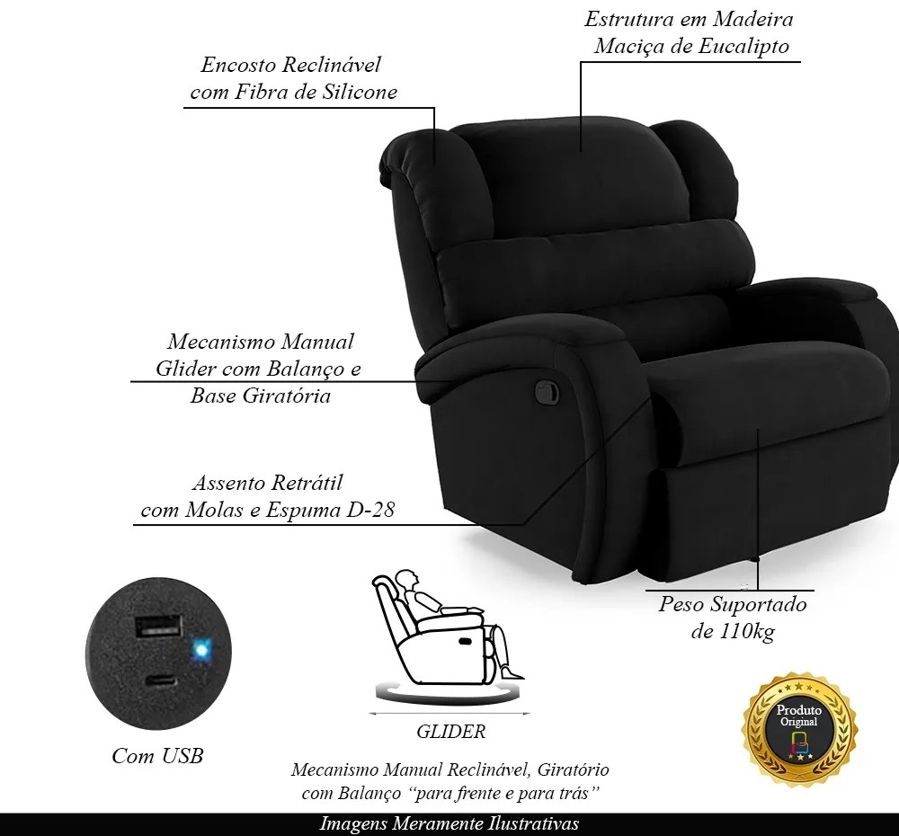Poltrona do Papai Sala de Cinema Reclinável Kylie Glider Manual Giratória USB Veludo Preto G23
