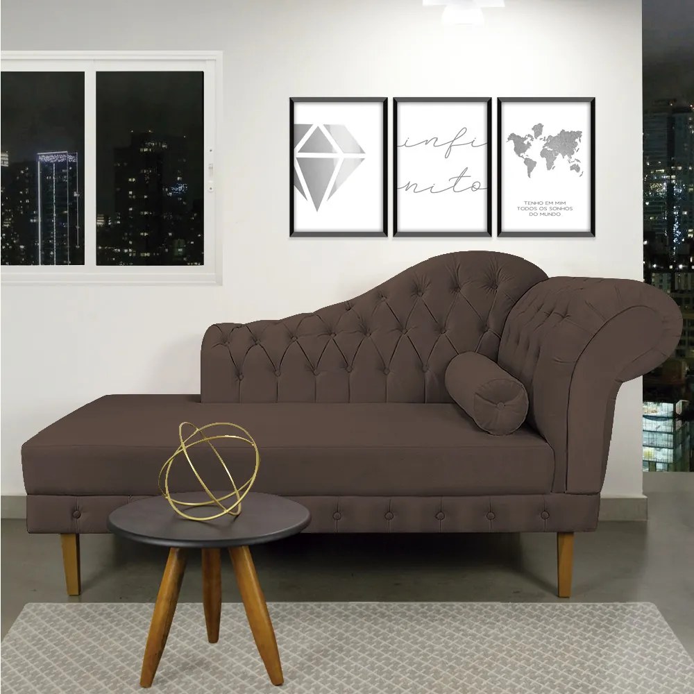 Divã Recamier Capitonê Mônaco 165 cm Suede Marrom Pés Chanfrado- D'Rossi