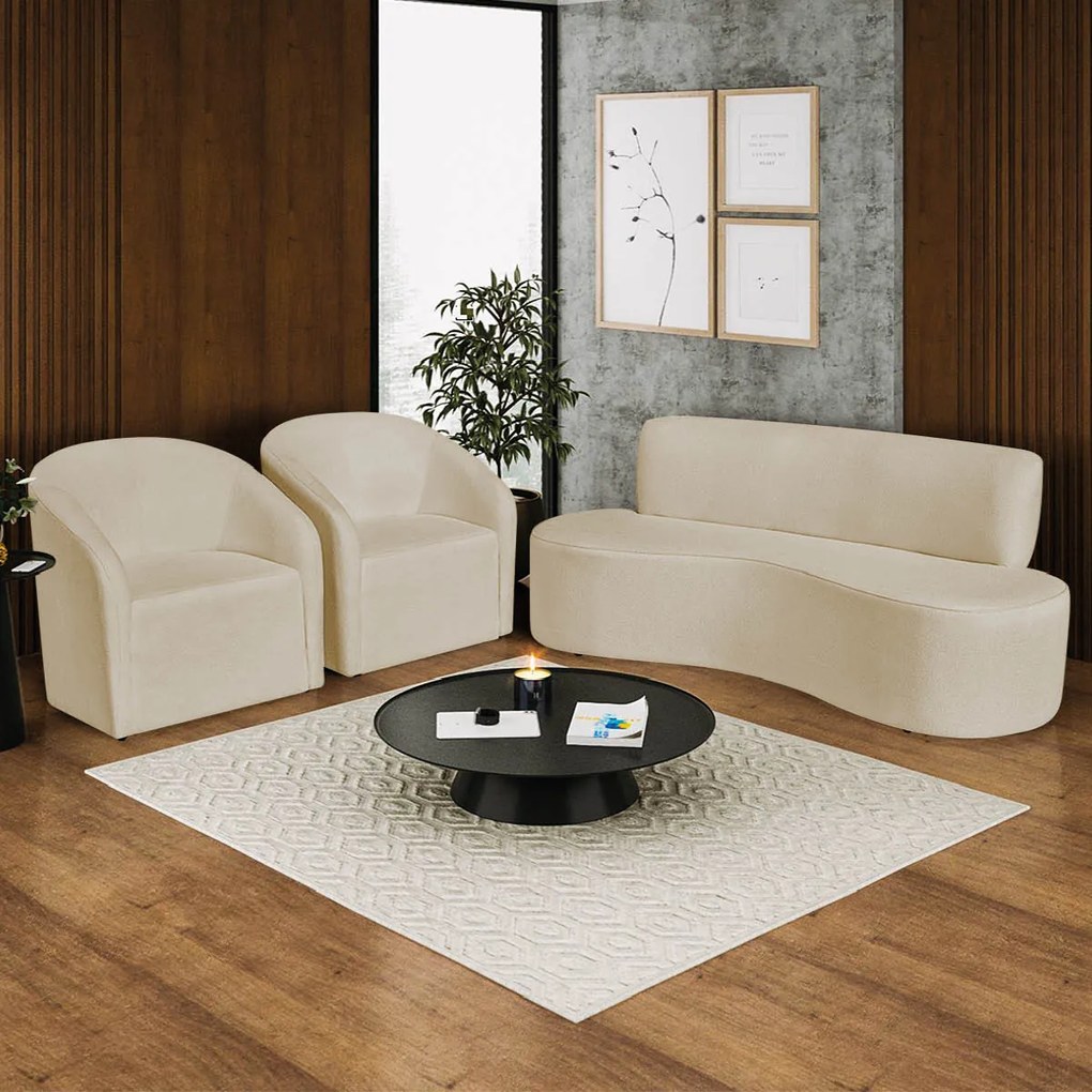 Kit Sofá Curvo Amsterdã 200cm e 2 Poltronas Luiza Max Suede