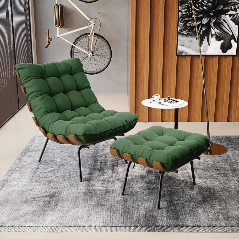Kit 01 Poltrona e 01 Puff Costela Suede Base Metálica Preto M11 - D'Rossi - Verde