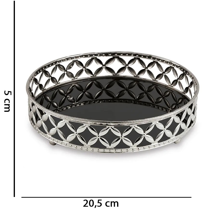 Bandeja Decorativa Redonda Em Metal Prata Com Espelho Preto 5x20,5 Cm  - D'Rossi