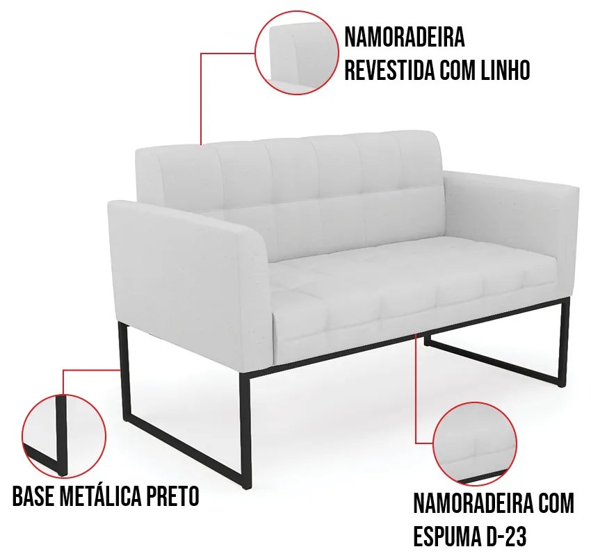 Kit 1 Sofá Namoradeira e 2 Poltronas Elisa Linho Base Metálica Industrial Preto D03 - D'Rossi - A05 Cinza