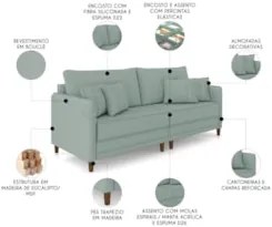 Sofá 3 Lugares Living 232cm Pé Madeira Zoe Boucle Pistache Z08 - Mpoze