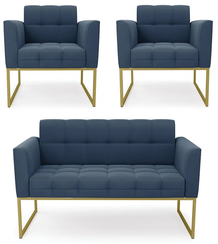 Kit 1 Sofá Namoradeira e 2 Poltronas Elisa Suede Azul Marinho Base Metálica Industrial Dourado - D'Rossi