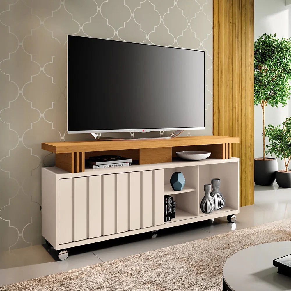 Rack para Sala Bancada de TV 70 Pol 136cm Sora 1.3 H01 - D'Rossi - Off White e Cinamomo