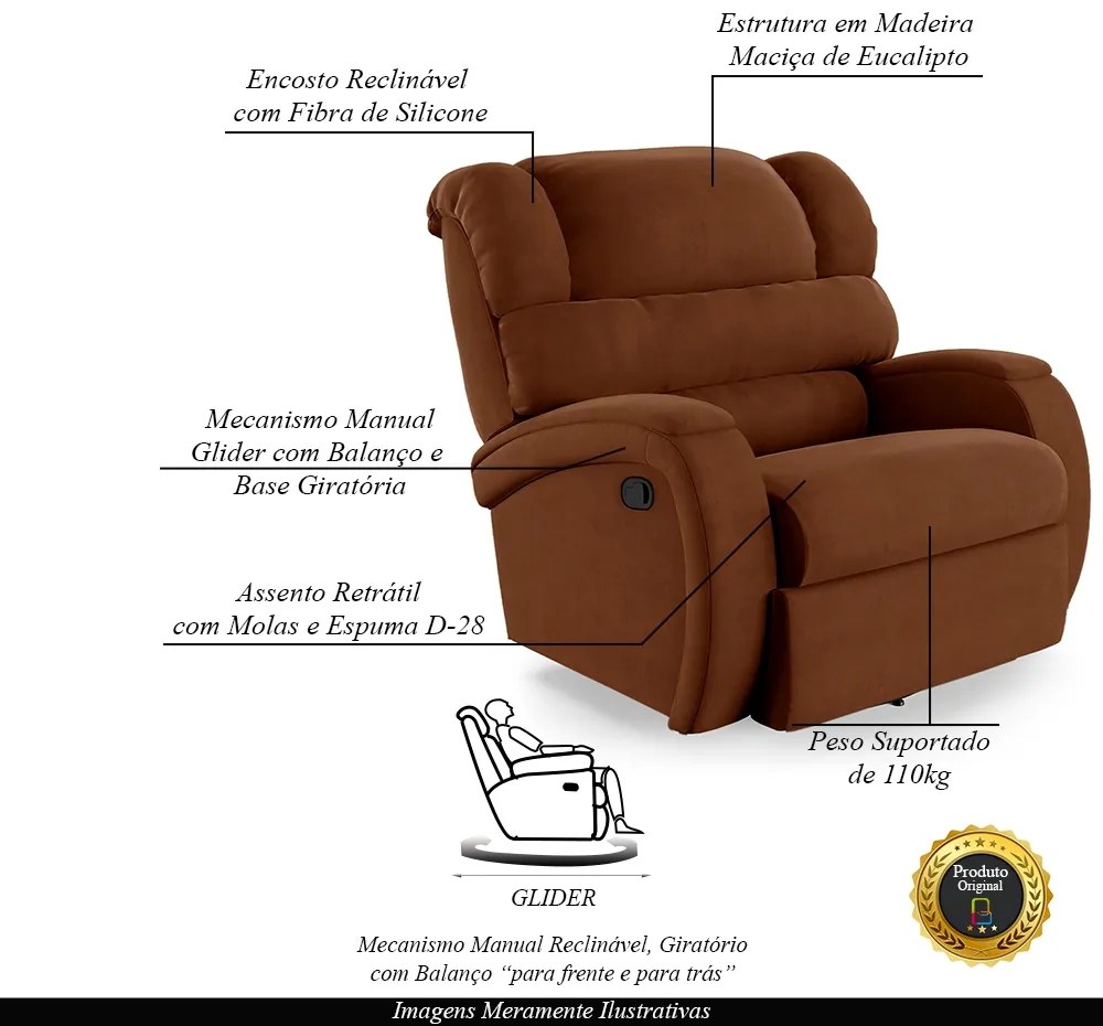 Poltrona do Papai Sala de Cinema Reclinável Kylie Glider Manual Giratória Veludo Terracota G23
