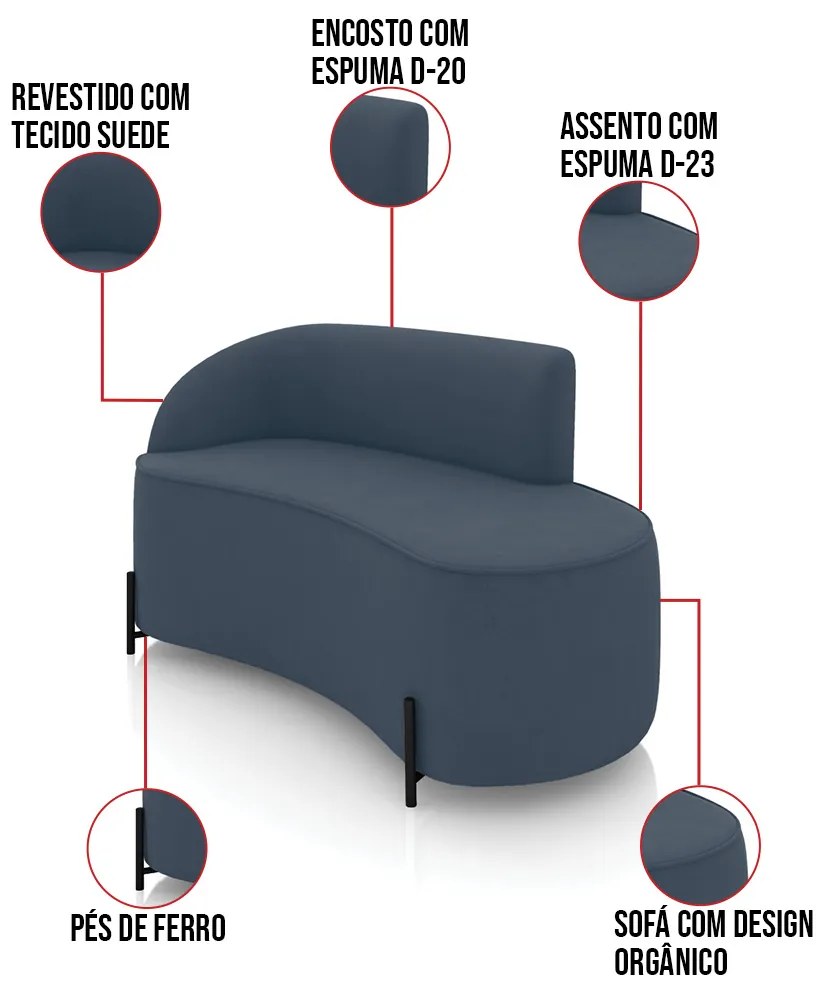 Sofá 2 Lugares Orgânico 140cm Pé Ferro Preto Morgan Suede D03 - D'Rossi - Azul Marinho
