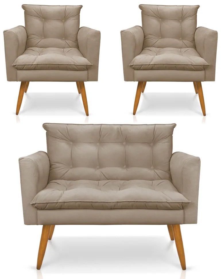 Kit 1 Sofá Namoradeira e 2 Poltronas Tais Suede Pés Palito Castanho - D'Rossi - Marrom Rato