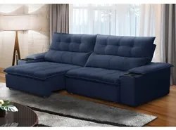 Sofá Retrátil 3 Lugares com Porta Copo 250cm Malta F05 Veludo Azul - M