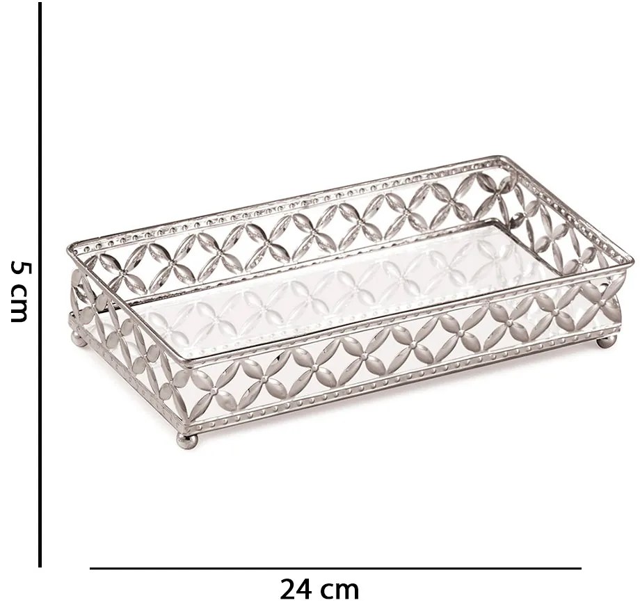 Bandeja Decorativa Retangular Em Metal Prata Com Espelho 5x24 Cm - D'Rossi