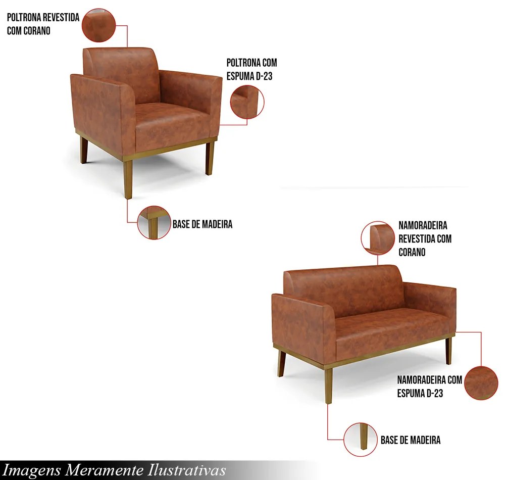 Conjunto 2 Poltronas e 1 Namoradeira Decorativa Isabella Pés Fixo em Madeira Castanho PU Nozes G19 - Gran Belo