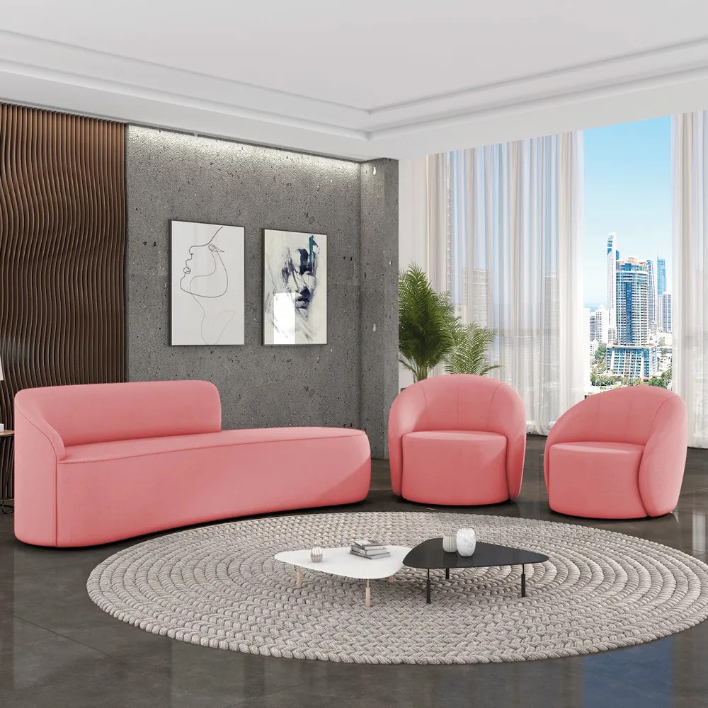 Sofá 4 Lugares Orgânico 220cm Morgan e 2 Poltronas Lua Suede Rosê D03 - D'Rossi