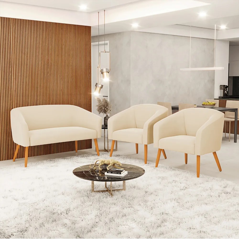 Namoradeira e 2 Poltronas Pé Palito Castanho Stella Suede D03 - D'Rossi - Bege