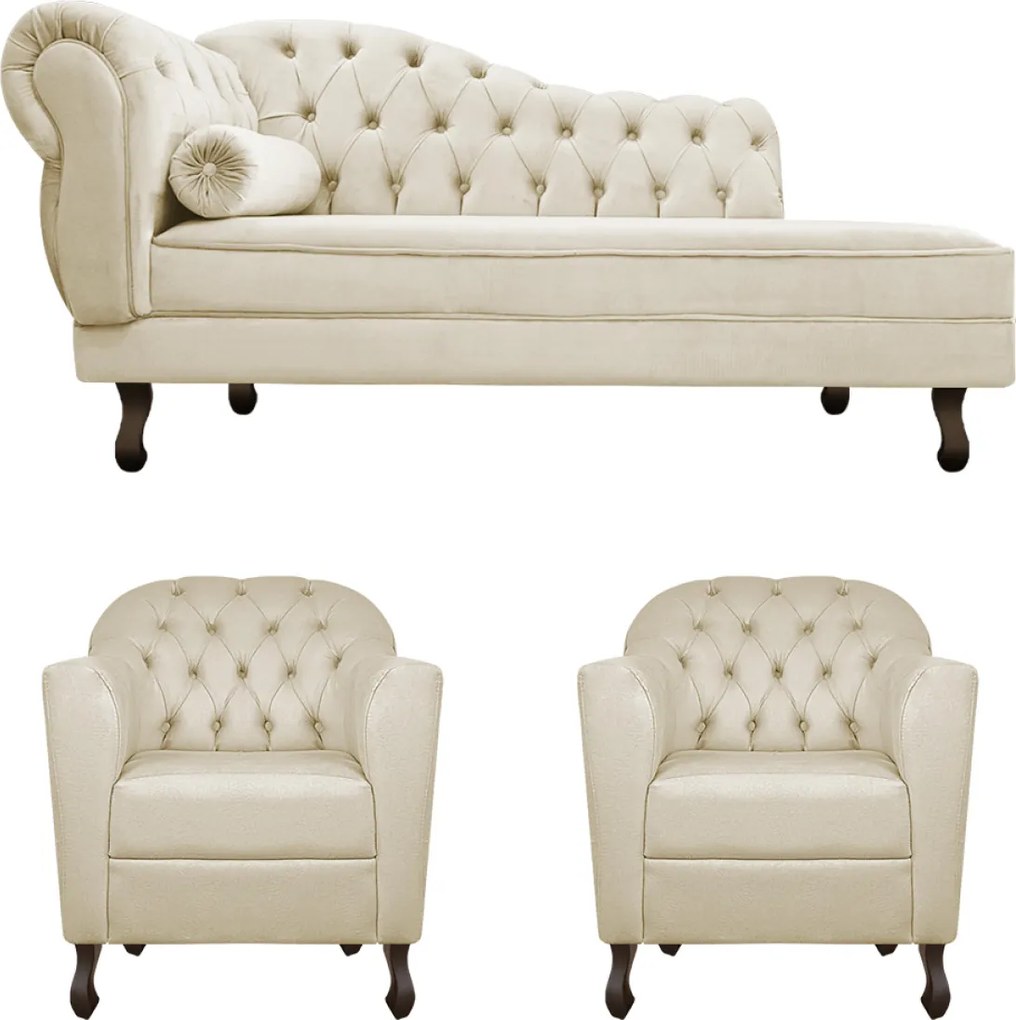 Kit Diva Recamier Diana 140cm Lado Direito e 02 Poltronas Julia Linho - ADJ Decor