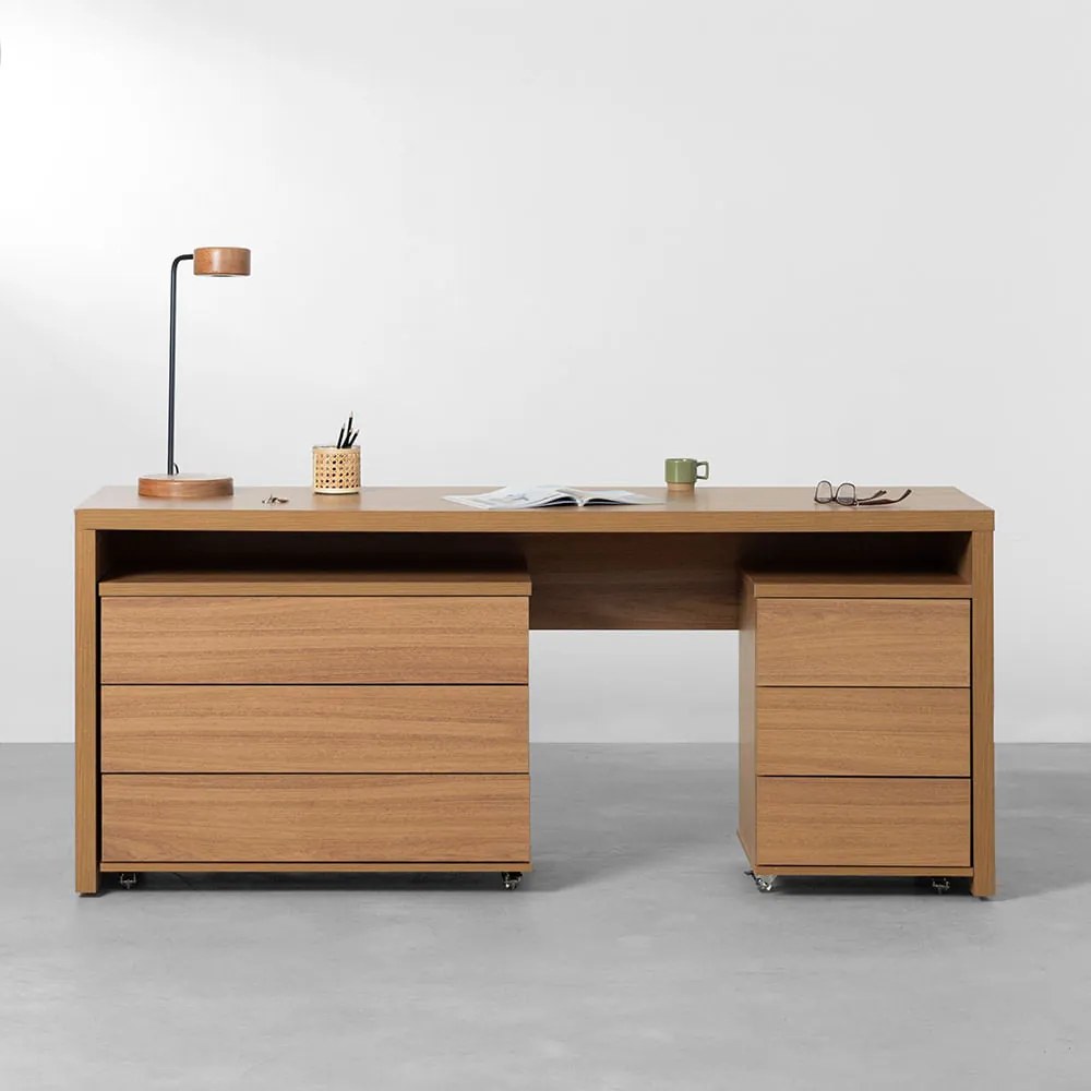 Conjunto Office - Bancada Contemporânea New Louro Freijó 2,06m + Módulo 3 Gavetas Louro Freijó 42,5cm + Módulo 3 Gavetas 85cm - Louro Freijó