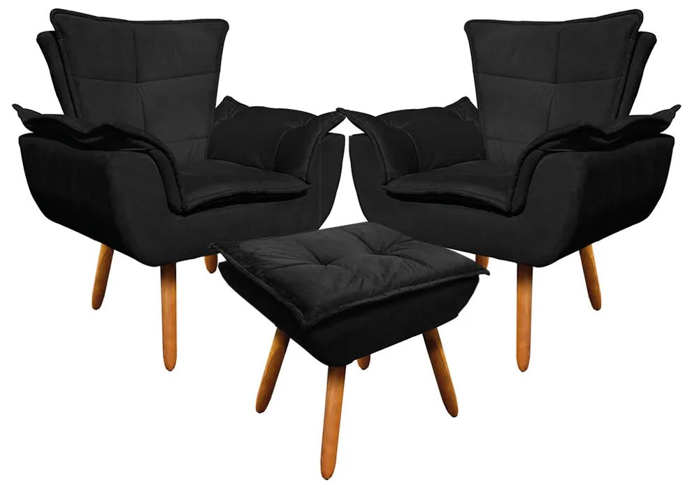 02 Poltronas e 01 Puff Pé Palito de Madeira Opala Suede D03 - D'Rossi - Preto